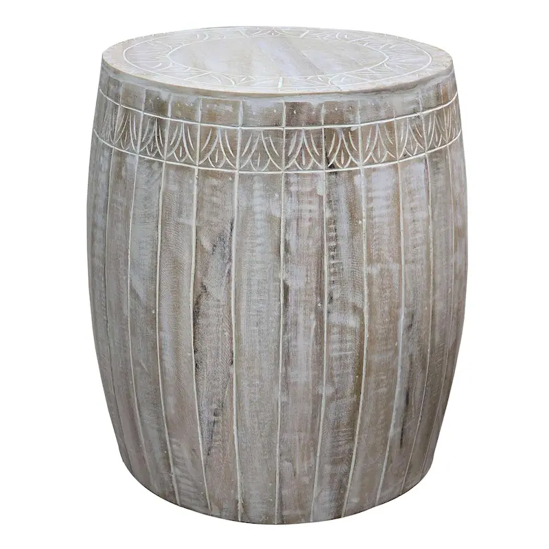 Serenity Side End Table with 16 Inch Round Top, In Antique White Mango Wood