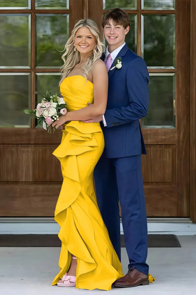 Pink Mermaid Strapless Satin Ruffled Long Prom Dresses with Slit