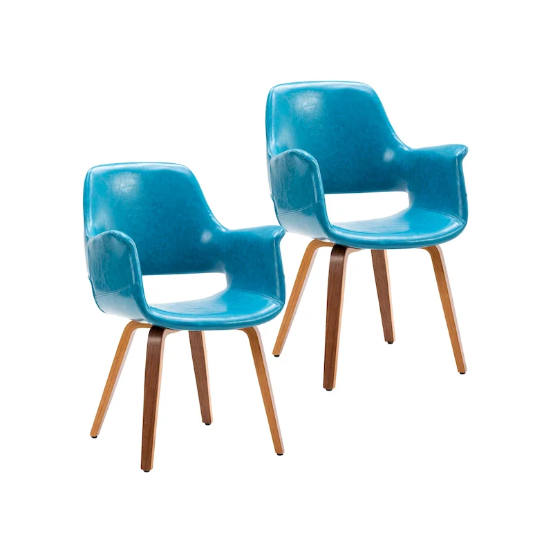 Blue / Green / White / Black PU Leather Dining Chair, Bentwood Legs, Set of 2