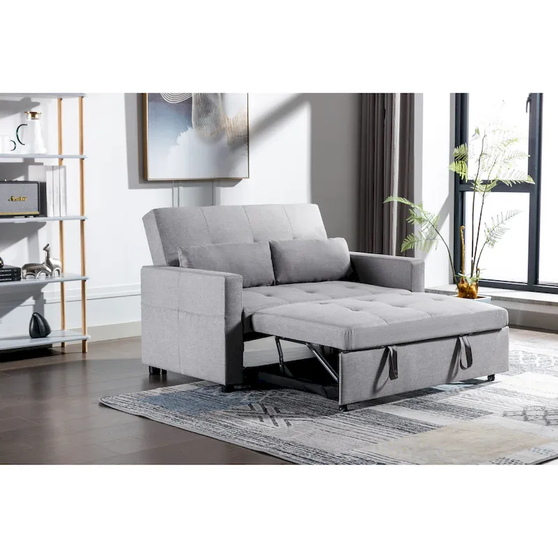 Light Grey Linen 3-in-1 Convertible Sleeper Loveseat with Side Storage Pocket