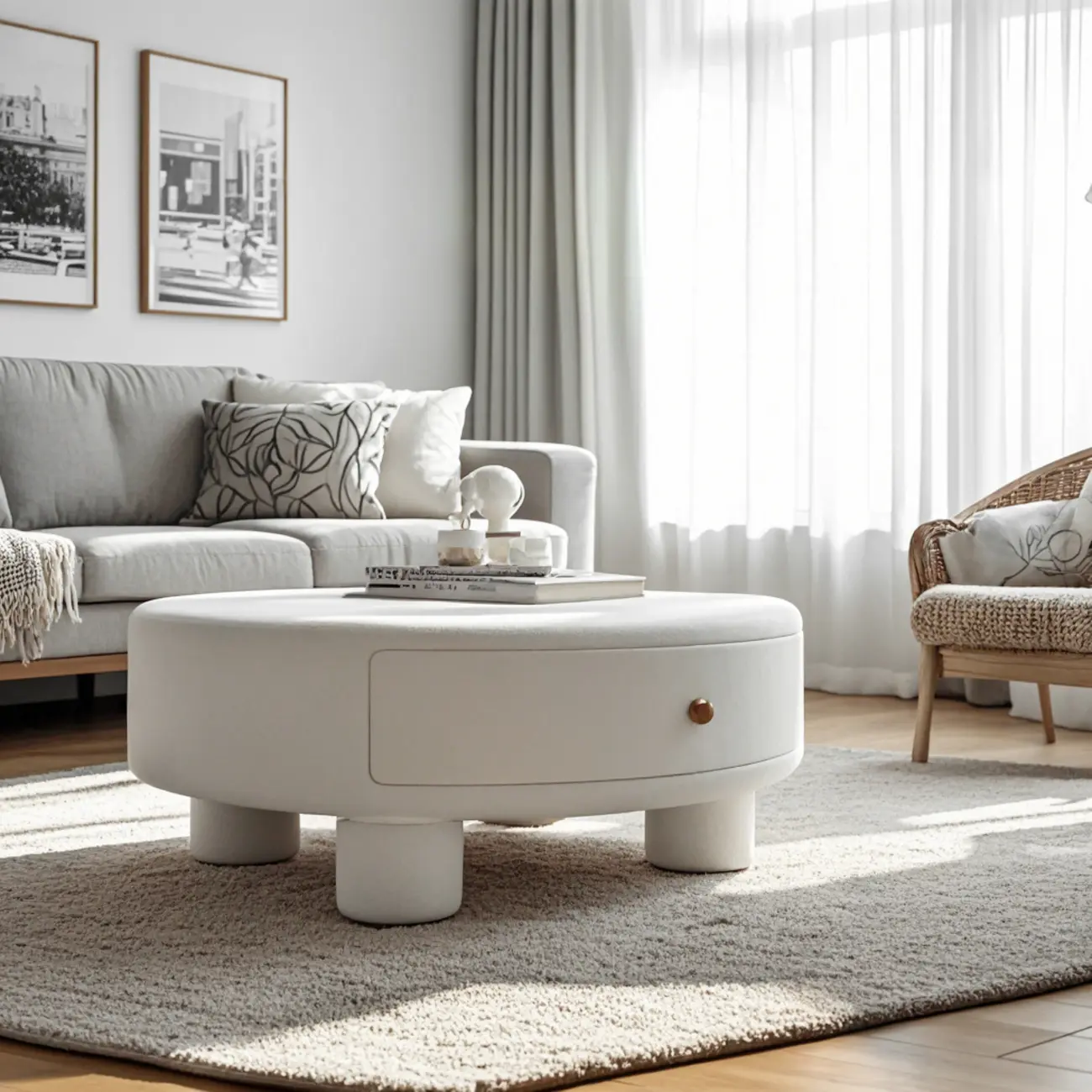 Cream Round Elegant Drawers Round Wood Coffee Table