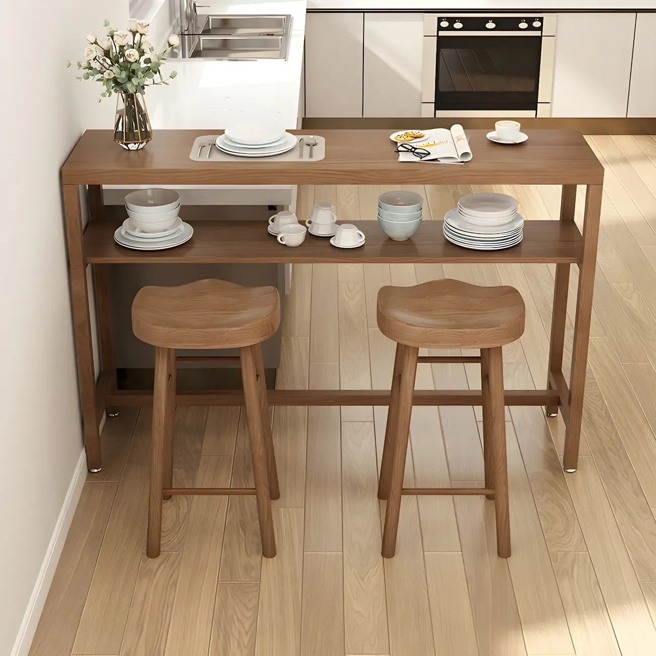 Modern Brown Pine Wooden Shelf Storage Trestle Bar Tables