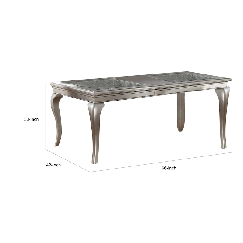 Reme 66-84 Inch Dining Table, 6 Seater Extendable, Glass Silver Wood