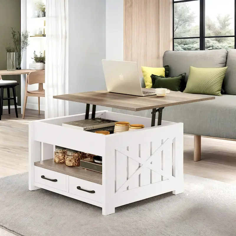 Square Lift Top Coffee Table - White & Gray Wood