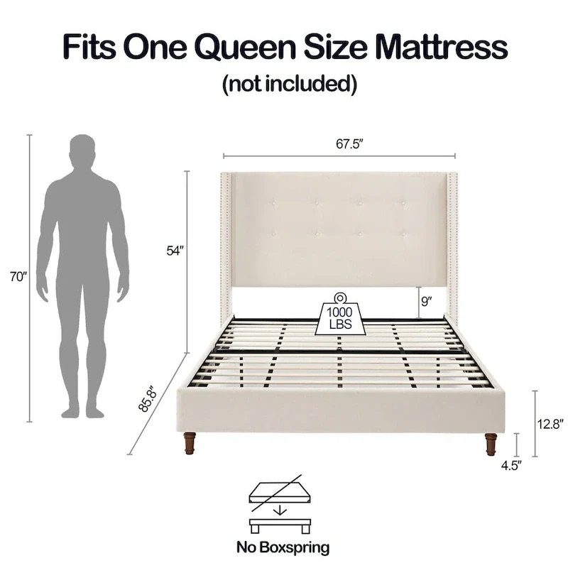 CUSchoice 54 High Headboard Upholstered Queen/King Bed (No Box Spring Needed)