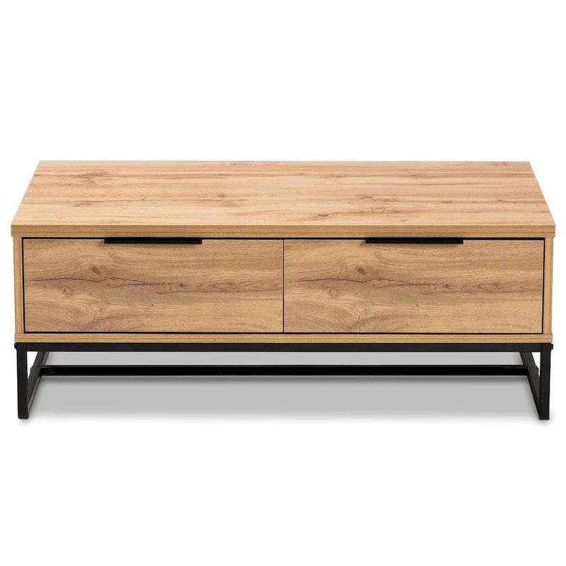 Oak Brown 2-Drawer Coffee Table with Metal Legs