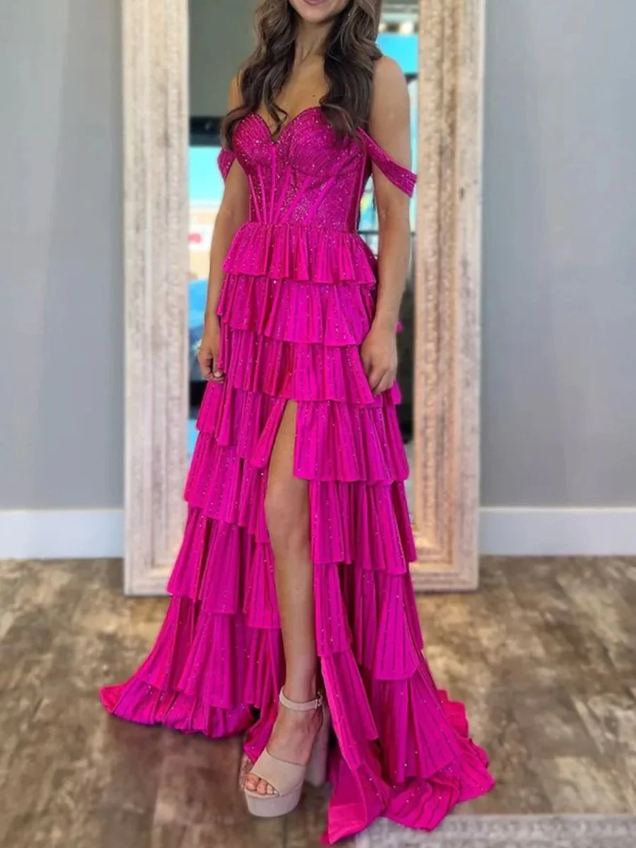 A Line Off-the-Shoulder Satin Tiered Long Prom Dresses With Beads