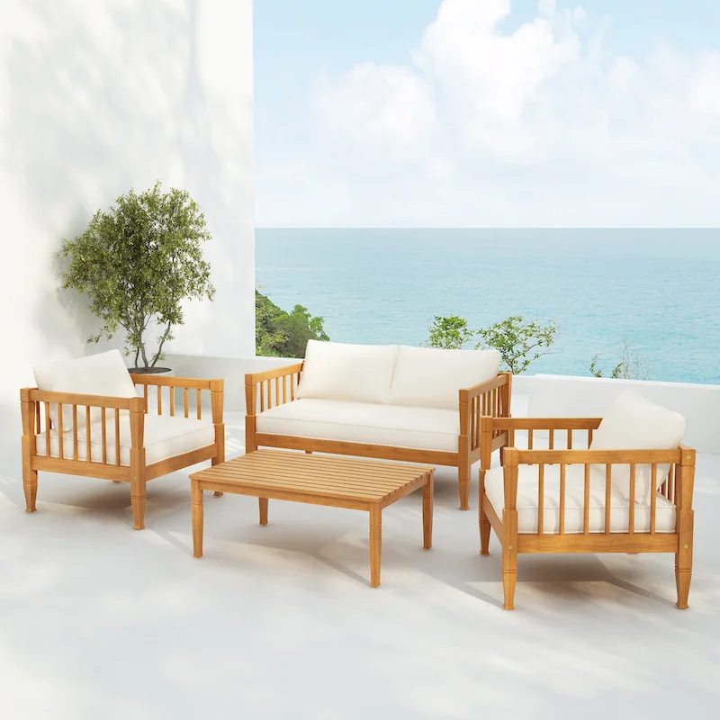 Scott Living Darla 4 Piece Outdoor Sleek Acacia Wood Seating Set with Water-Resistant Cushion