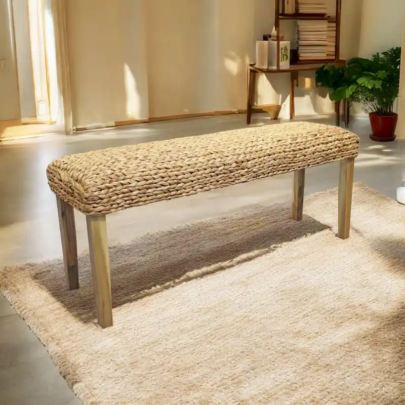Natural Woven Water Hyacinth Bench with Acacia Wood Legs