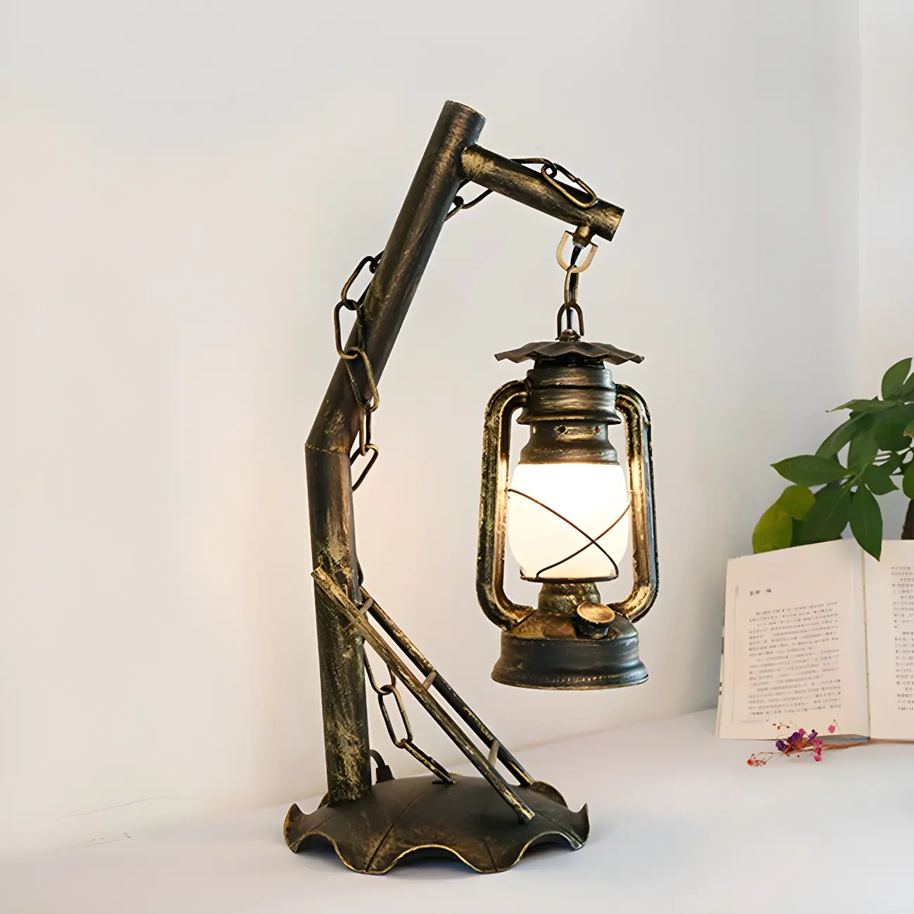 HomeyFad Industrial Rustic bronze Metal Lantern Table Lamp in Brass