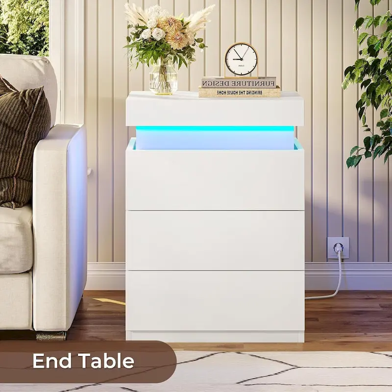 Bedroom Nightstand with Charging Station and LED Lights Sliding Top