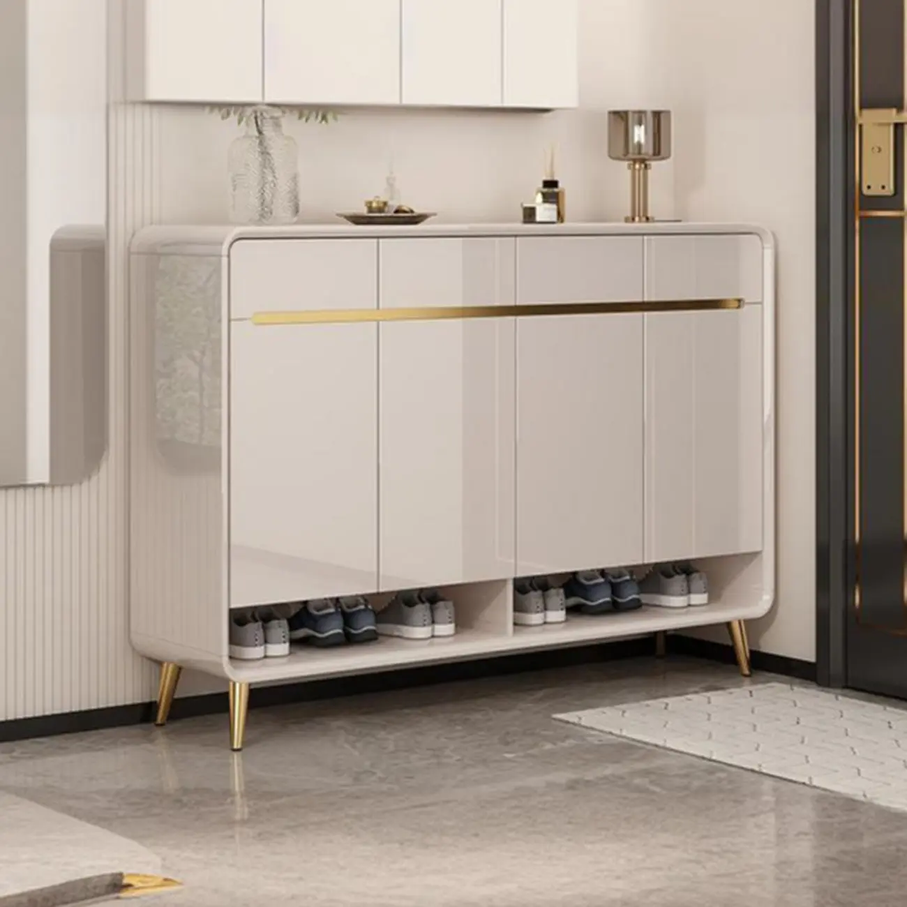 Glam Beige Solid Wood Shoe Cabinet with Display Top