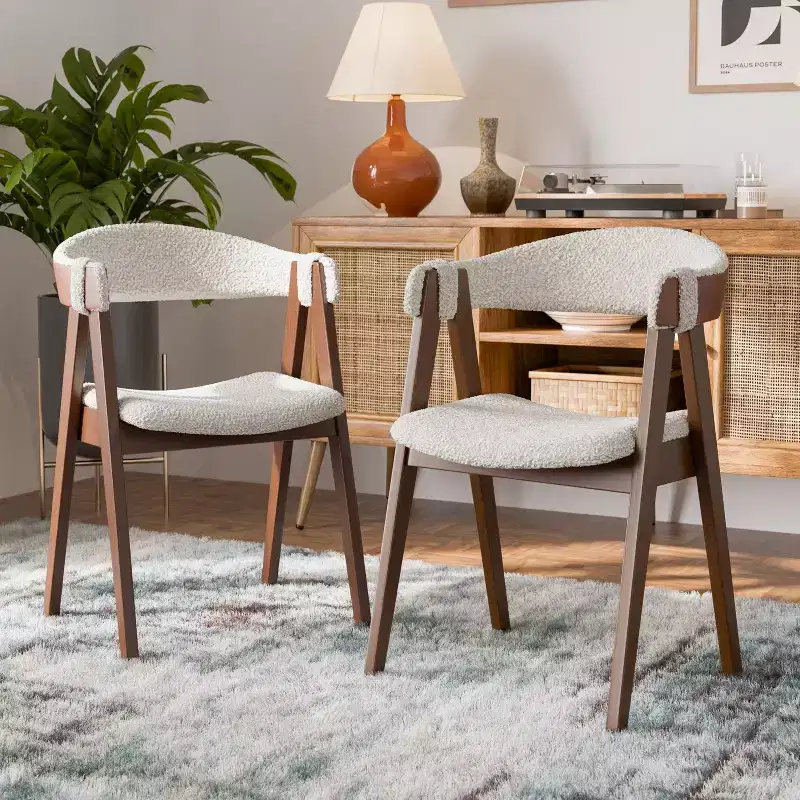 HOMES: Inside + Out Set of 2 Pearlcrest Mid-Century Modern Boucle Upholstered Dining Chairs Walnut