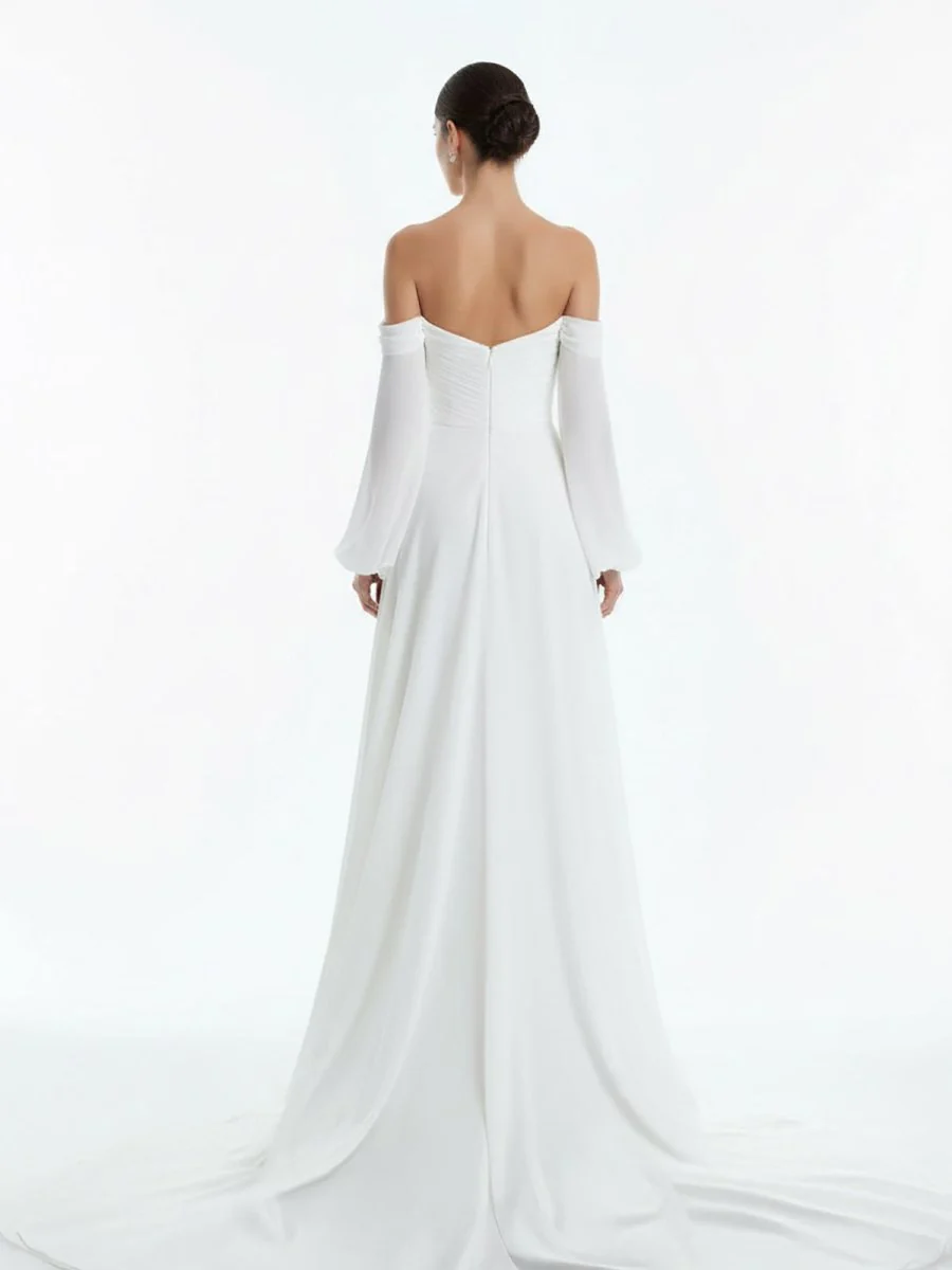 A-Line Sweetheart Long Sleeves Chiffon Sweep Train Wedding Dress