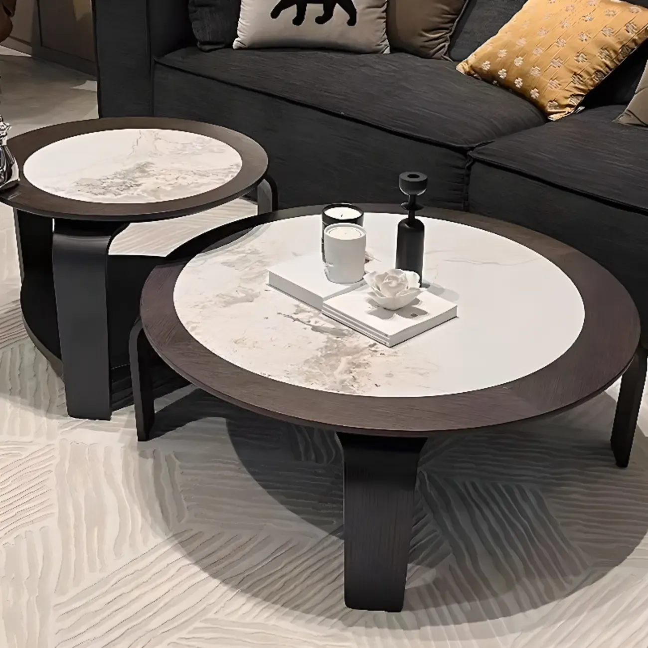 Unique Marble Round 2 Nesting Coffee Table Set with Wood Base