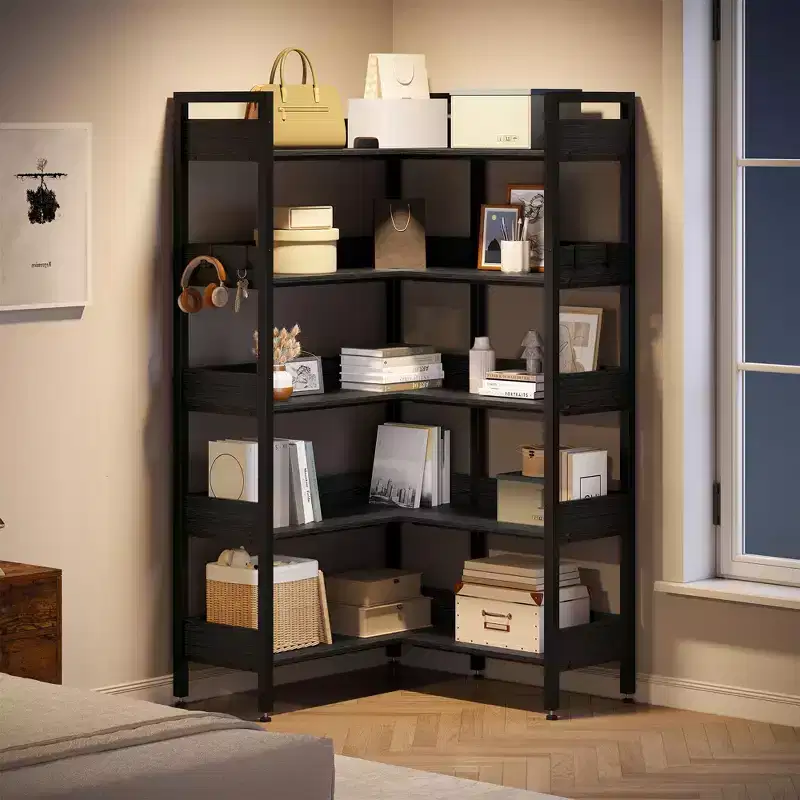 GustoWave 65.8in L Shaped Storage Display Shelf, 5 Tier Convertible Corner Book ShelfStorage Display ShelfBlack/White