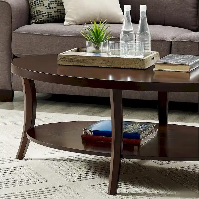 Wood Oval Coffee Table with Shelf