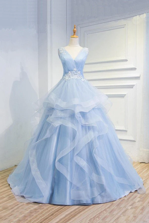 Sky Blue Organza V Neck Ruffles Appliques Prom Dresses