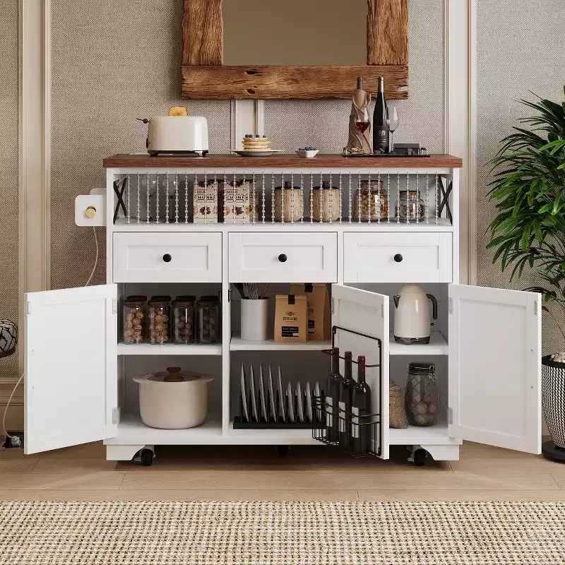 46.5 Farmhouse Kitchen Island with Power Outlet & Beaded Drape - Rolling Cart with Drop Leaf, 3 Drawers & Locking Wheels