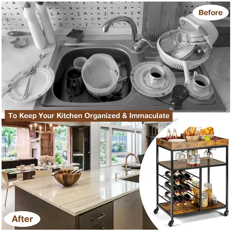 Gymax 3-Tier Rolling Kitchen Serving Cart Utility Trolley w/ Wine - See Details