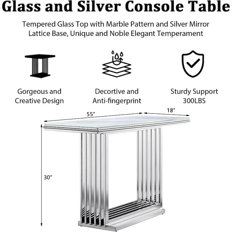 Glam 60 inch Rectangular Glass Console Table with Brushed Gold Stainless Steel Base