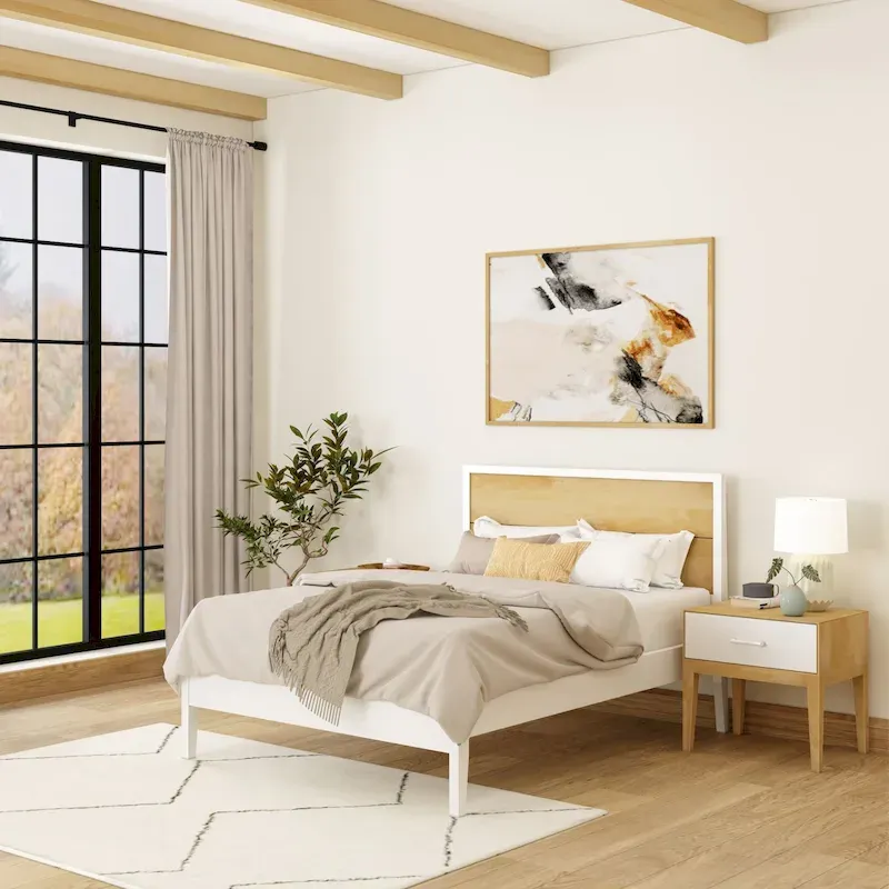 White Wood Platform Bed with Panel Headboard - Full