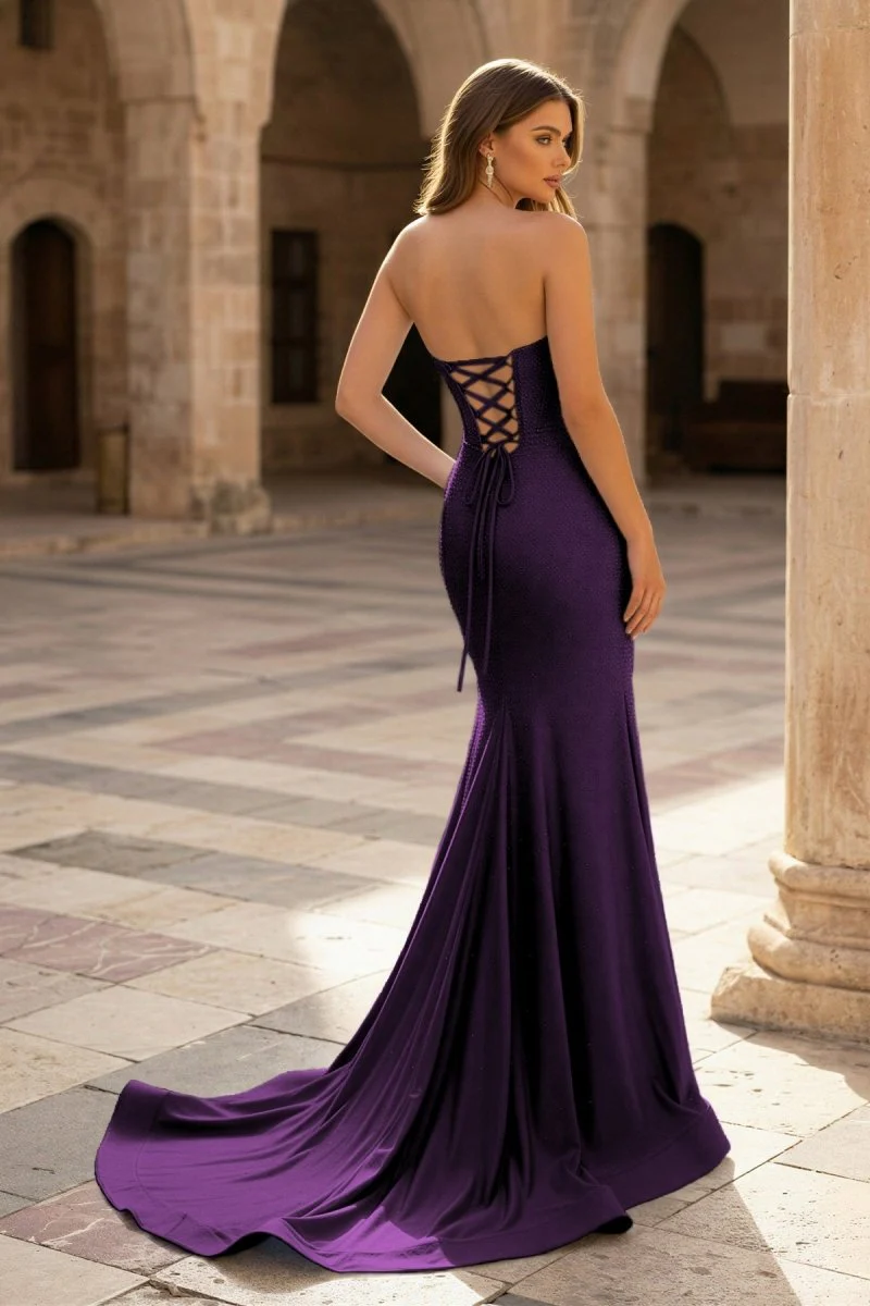 Sky Blue Strapless Satin Beaded Mermaid Long Prom Dresses With Slit