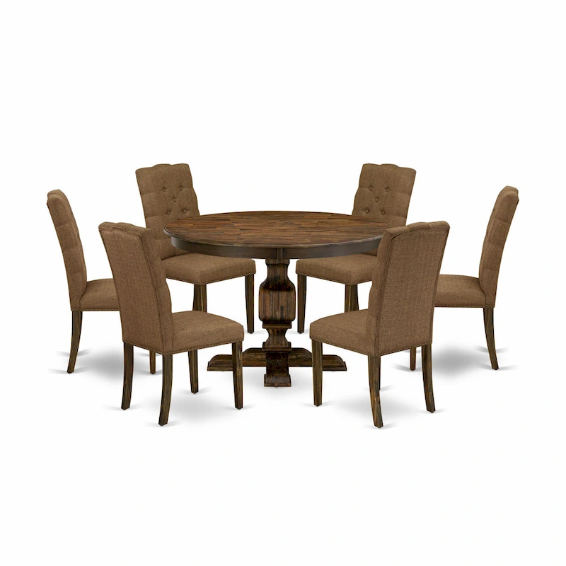 East West Furniture Kitchen Table Set- a Dining Table and Brown Linen Fabric Chairs, Distressed Jacobean(Pieces Options)