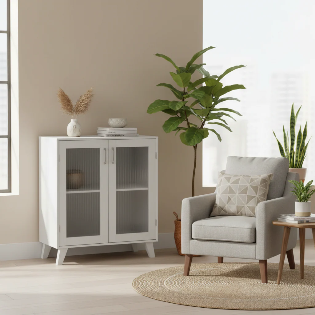 White 2-Glass Door Storage Cabinet with Adjustable Shelf