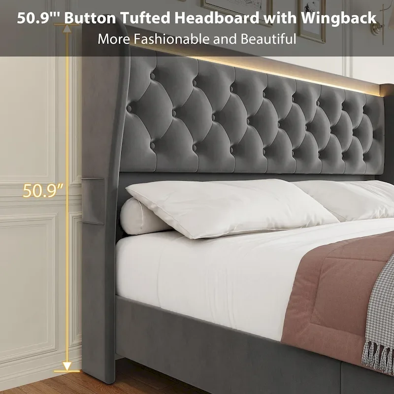 Velvet Upholstered Bed Frame with Wingback Headboard