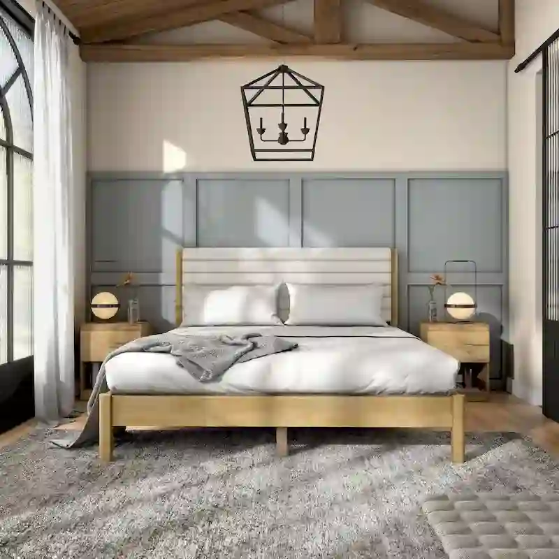 DH BASIC Modern Channel Tufted Upholstered Queen Platform Bed with Solid Wood Slats by Denhour