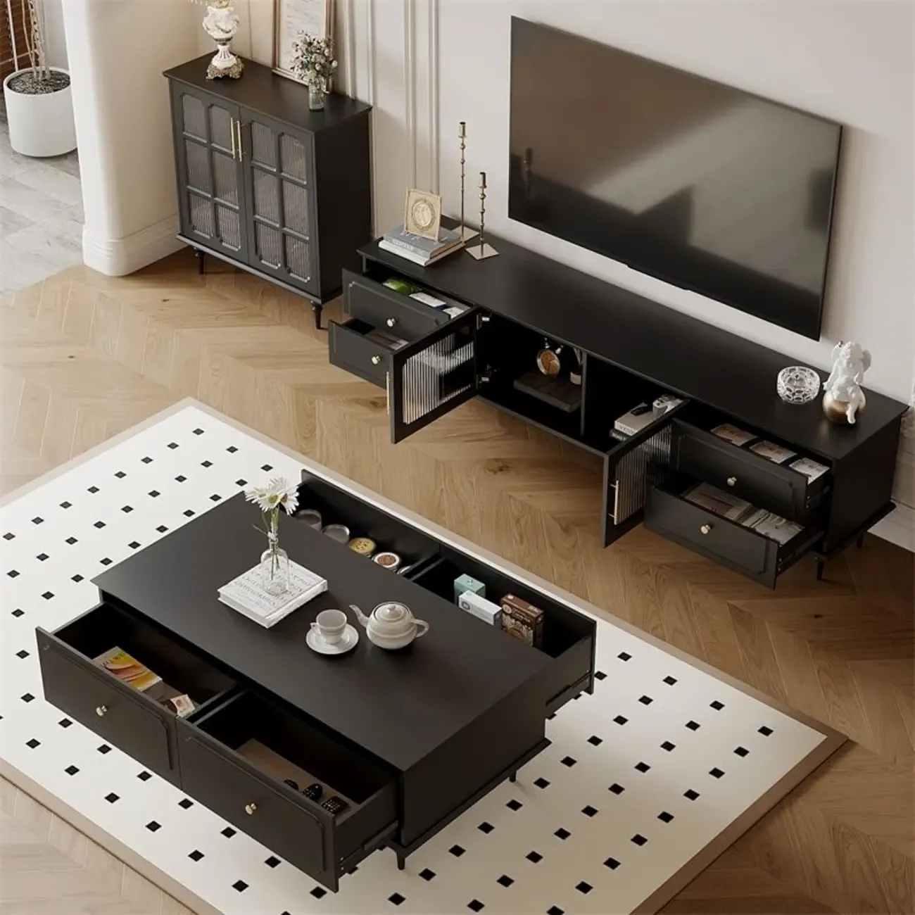 Wooden French Country TV Stand with Black Finish