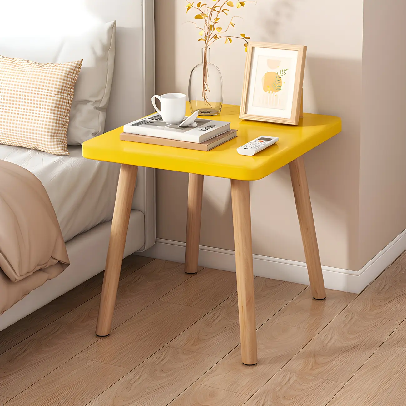 Contemporary Wood Small Round Bedside Table with Shelf
