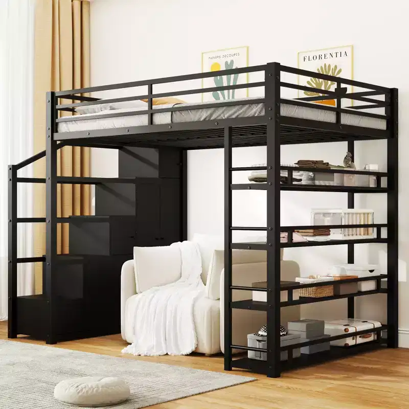 Full Size Metal Loft Bed Frame with Storage Shelves, Cabinets and Wardrobe, Black - ModernLuxe