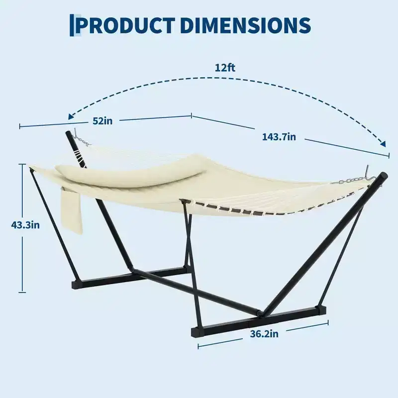 Double Hammock with Stand & Pillow - 450LBS Portable Outdoor Lounger with Balance Rope