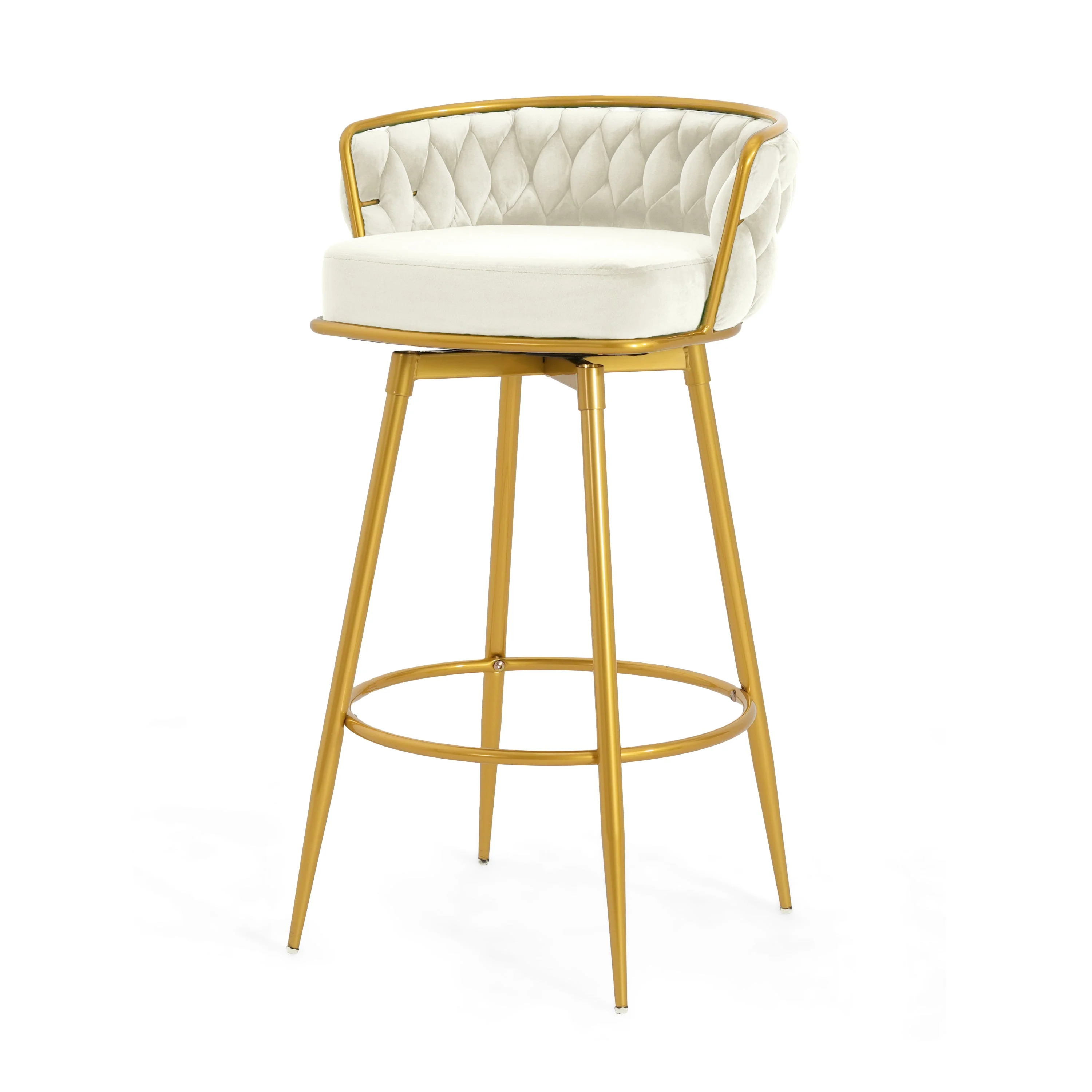 Set of 2 Velvet Swivel Bar Stools 180¡ã Gold Frame w/ Woven Back & Footrest