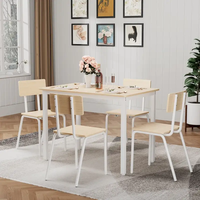 Kitchen Dining Table Set Metal Frame Breakfast Table with 4 Dining Chairs Modern Casual Dining Table Set 5-Piece Dining Set