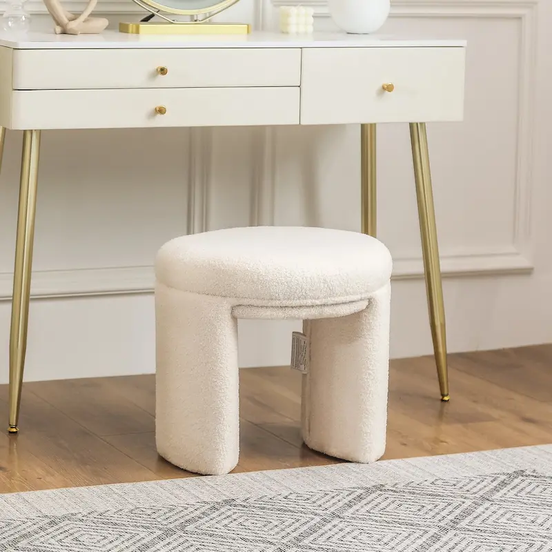 White / Beige Round Ottoman Stool, Teddy Fabric, 1-Person