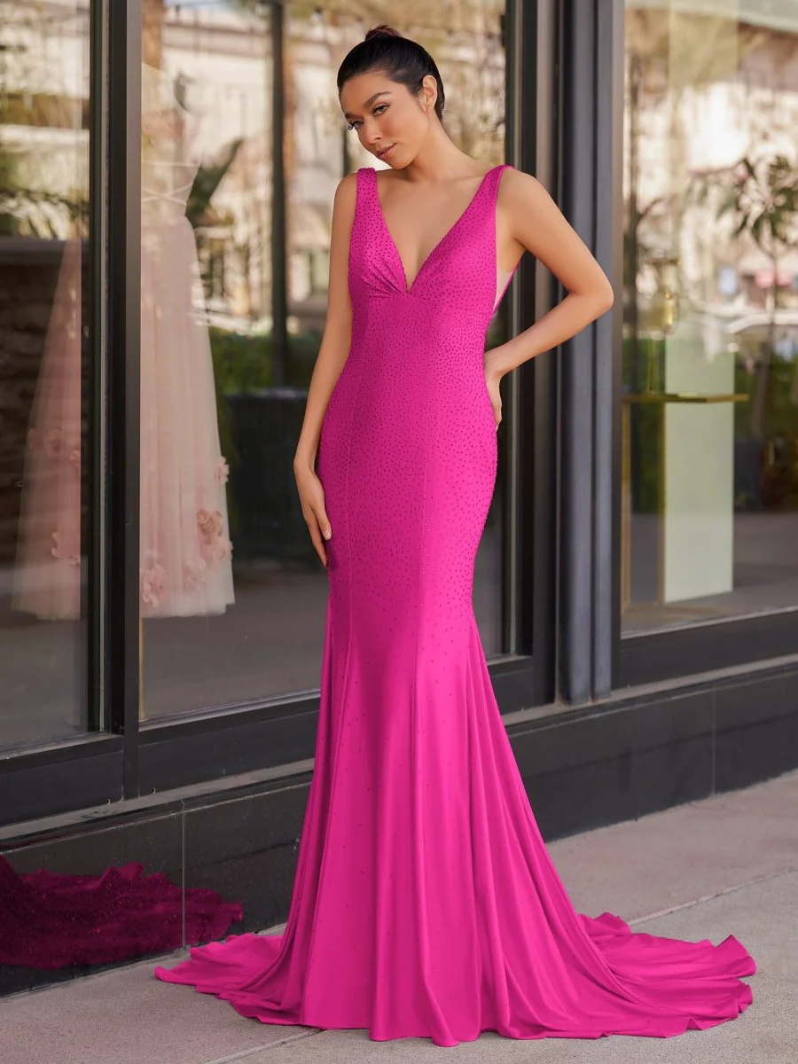 Mermaid Deep V-Neck Beaded Satin Long Prom Dress