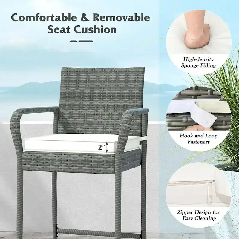2/4 Pack Outdoor Bar Chairs Set Rattan Bar Stools w/ Seat Cushions