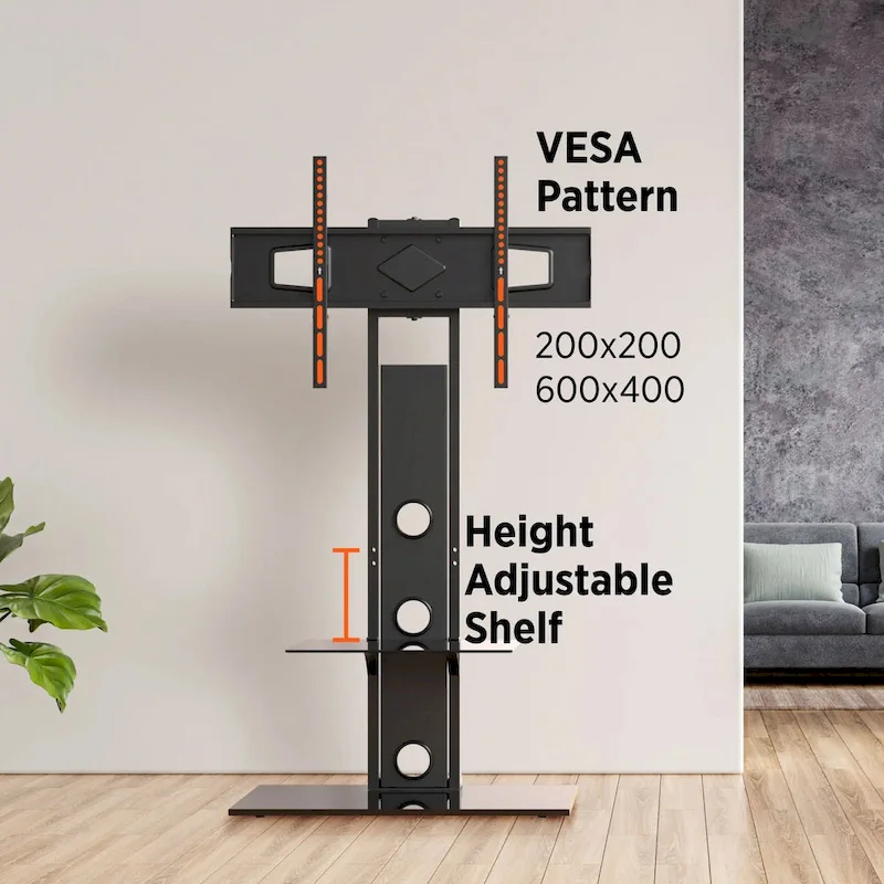 Black Swivel TV Floor Stand with Glass Shelf, Fits 37