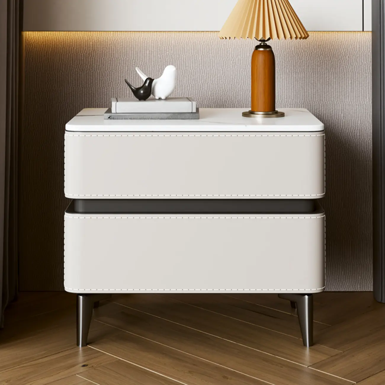 Stylish Faux Marble Leather Drawer Nightstand with Metal Legs
