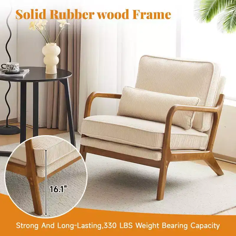 Karl Home 2Pcs Mid Century Solid Wood Accent Chair Upholstered Armchair with an Extra Pillow