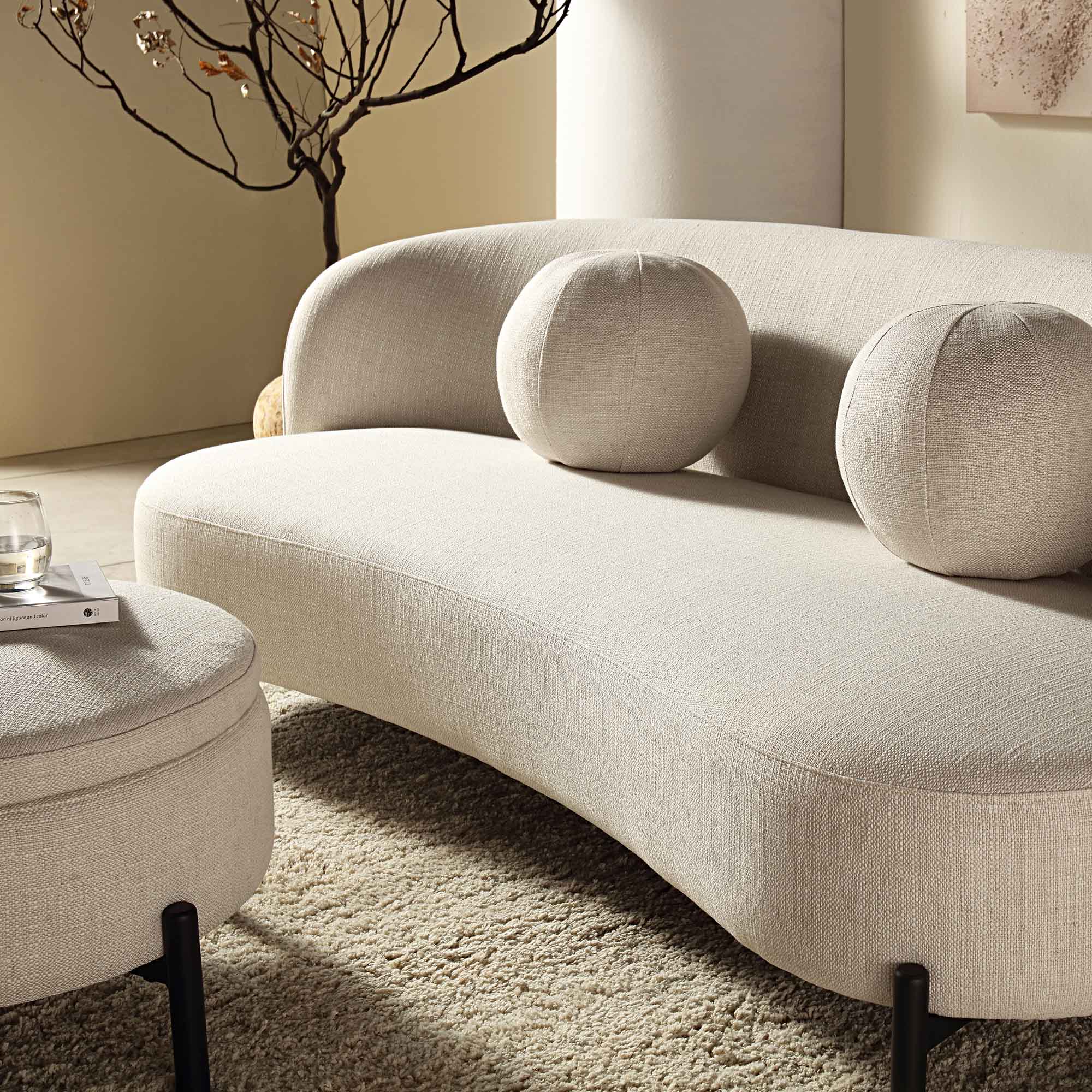 3-Seater Curved Sofa with Ball Cushions, Beige Linen Blend
