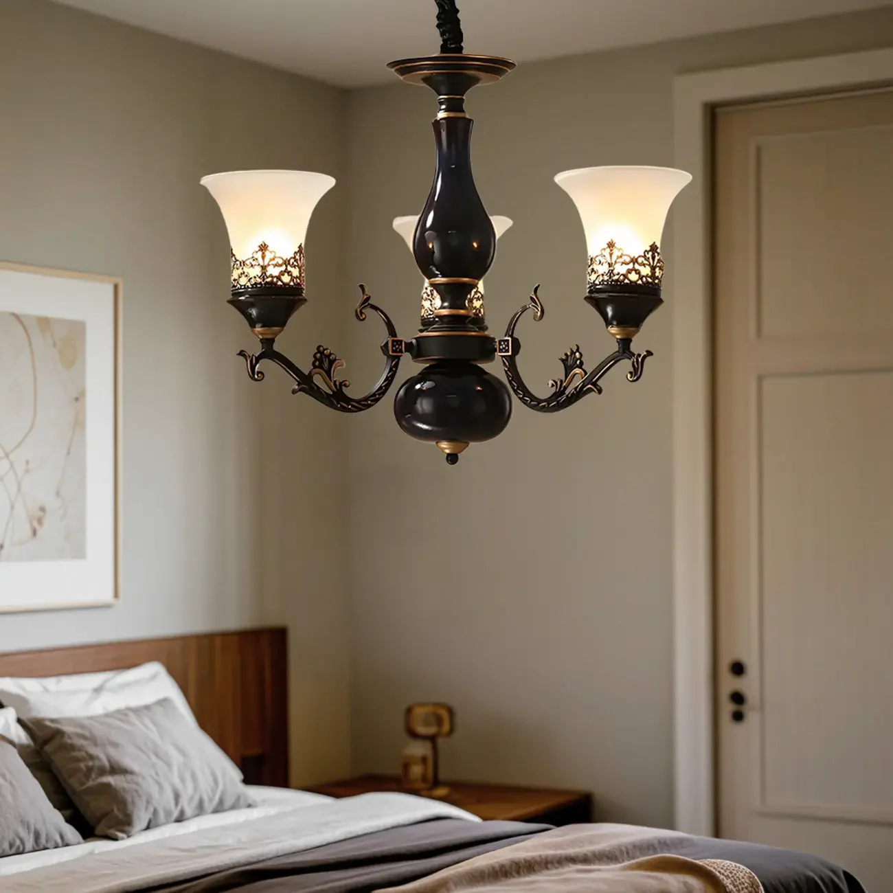 Mid-Century Living Room Black Frosted Wite Glass Bell Shape Chandelier