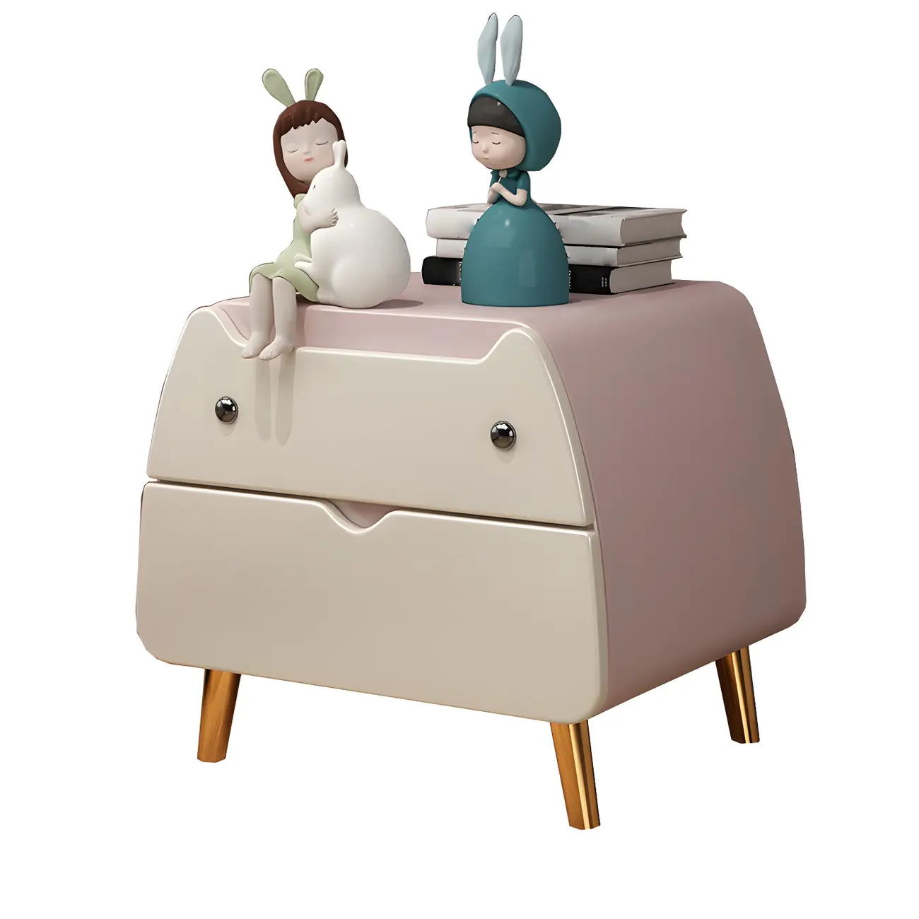 Pink Cute Cat Shape Scandinavian Nightstand with 2 Drawers