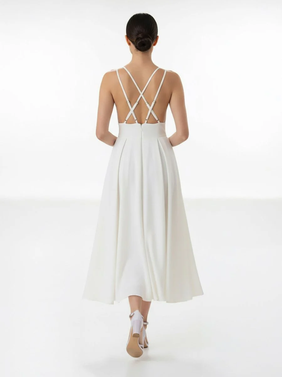 A-Line V-Neck Sleeveless Satin Knee-Length Wedding Dress