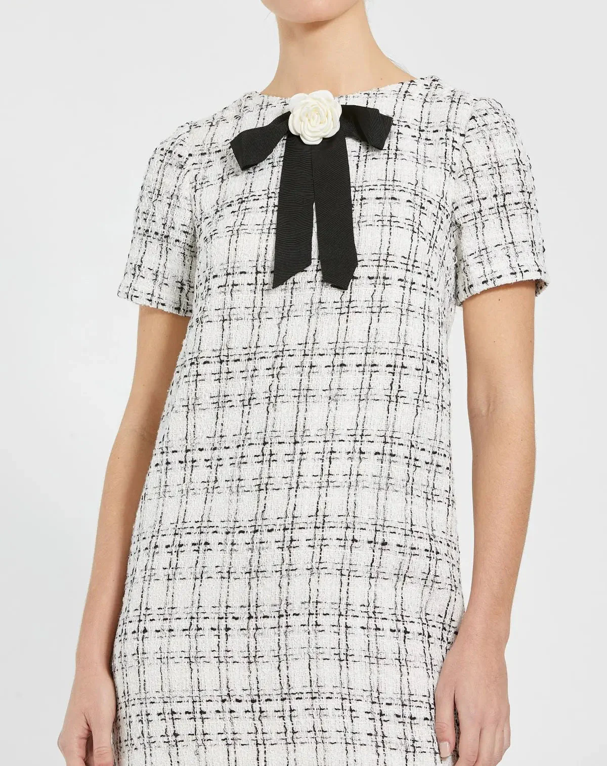 White Short Sleeve High Neck Boucle Mini Dress With Bow