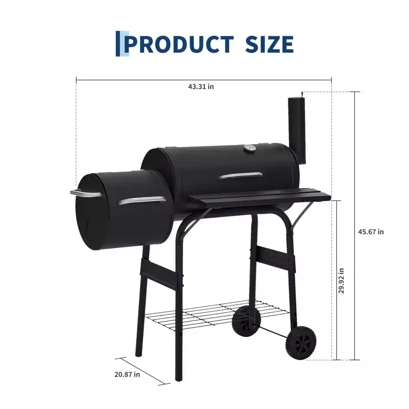 BBQ Charcoal Grill with Offest Smokers, Outdoor Barbecue Smoker Grill Combo with Wheels, Barrel Grill for Backyard Patio Camping Picnic and Party