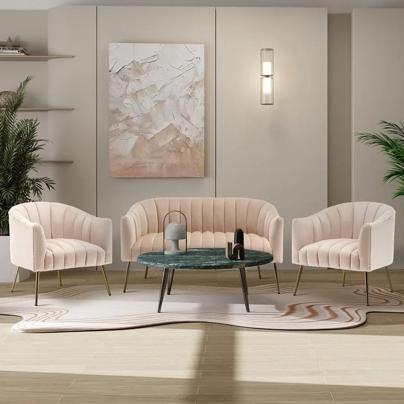 Modern Velvet Upholstered 3 Piece Living Room Set with Golden Legs